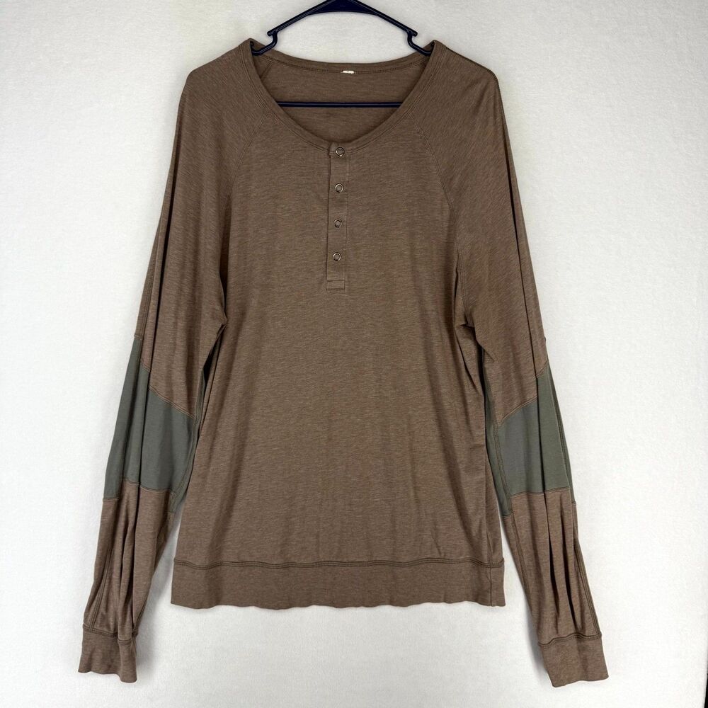 Lululemon Mens Brown Snap‎ Button Henley Long Sleeve T Shirt Size XL